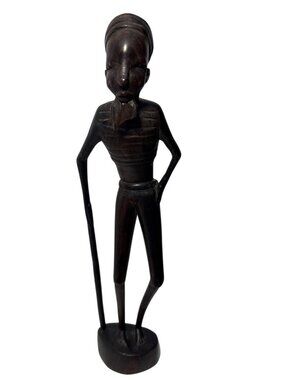 Tanganyika African Man Wood Sculpture with Cane 11" Tall Hand Carved